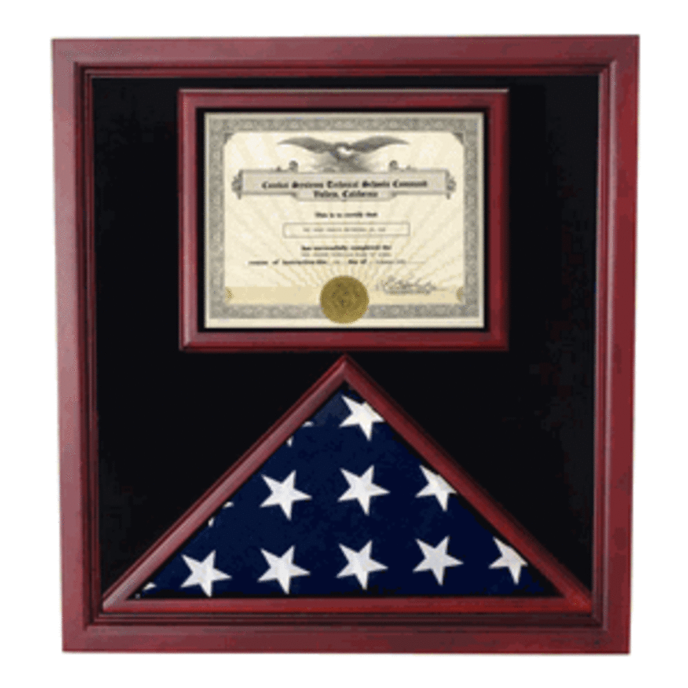 Elegant cherry wood flag and certificate display case with glass front, showcasing a 3' x 5' flag and an 8.5" x 11" certificate.