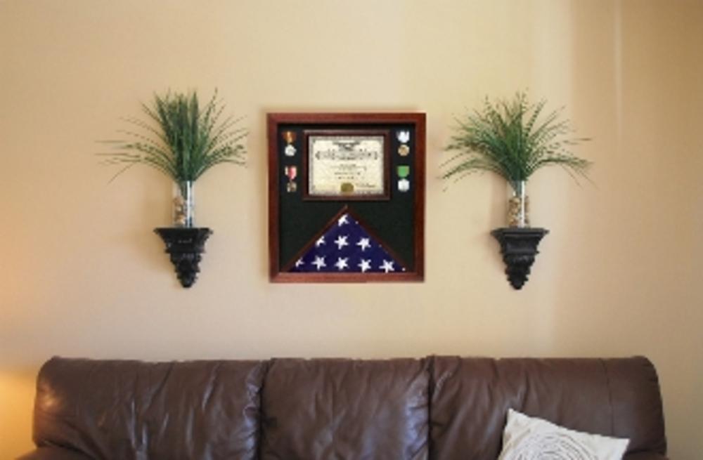 Elegant cherry wood flag and certificate display case with glass front, showcasing a 3' x 5' flag and an 8.5" x 11" certificate.