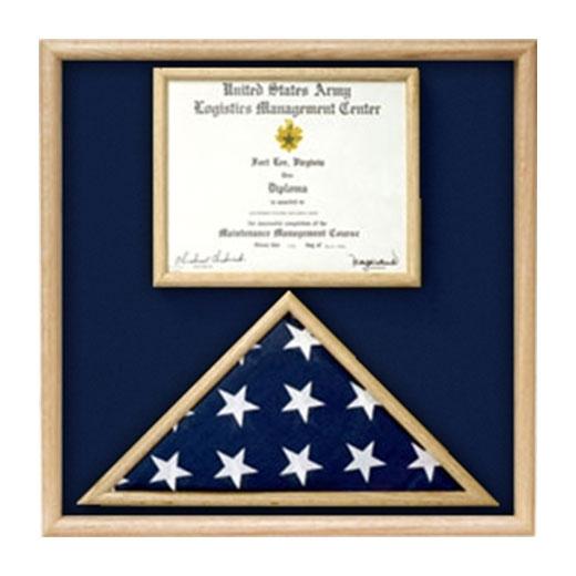 Elegant oak flag and certificate display case with glass front, designed for 3' x 5' and 5' x 9.5' flags, featuring black lining and space for certificates.