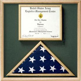 Elegant Flag and Certificate Display Case made of solid oak or walnut, showcasing a folded flag and memorabilia.