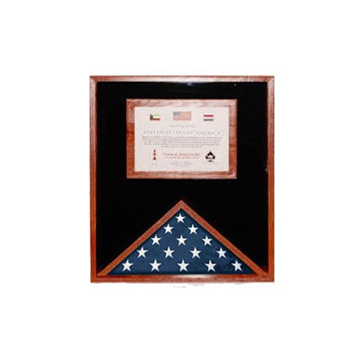 Elegant flag and document case for 3ft x 5ft American flag, made from US hardwood with glass front and space for medals.