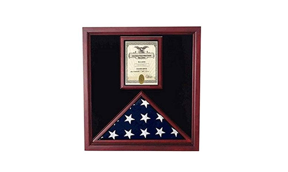 Cherry Flag and Document Case displaying a flag and medals, featuring a plexiglass front and elegant black lining.