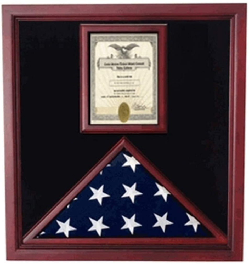 Cherry wood Flag and Document Case displaying a flag and an 8.5 x 11 document, featuring a plexiglass front and black lining.