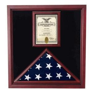 Elegant Cherry Flag and Document Case displaying a 3' x 5' flag and an 8.5' x 11' document with a plexiglass front.