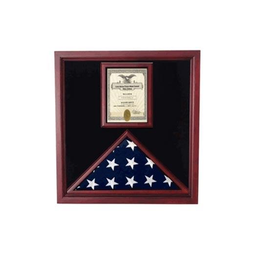 Black Flag and Document Case displaying a 5' x 9.5' flag and an 8.5" x 11" document, featuring a plexiglass front and elegant black lining.