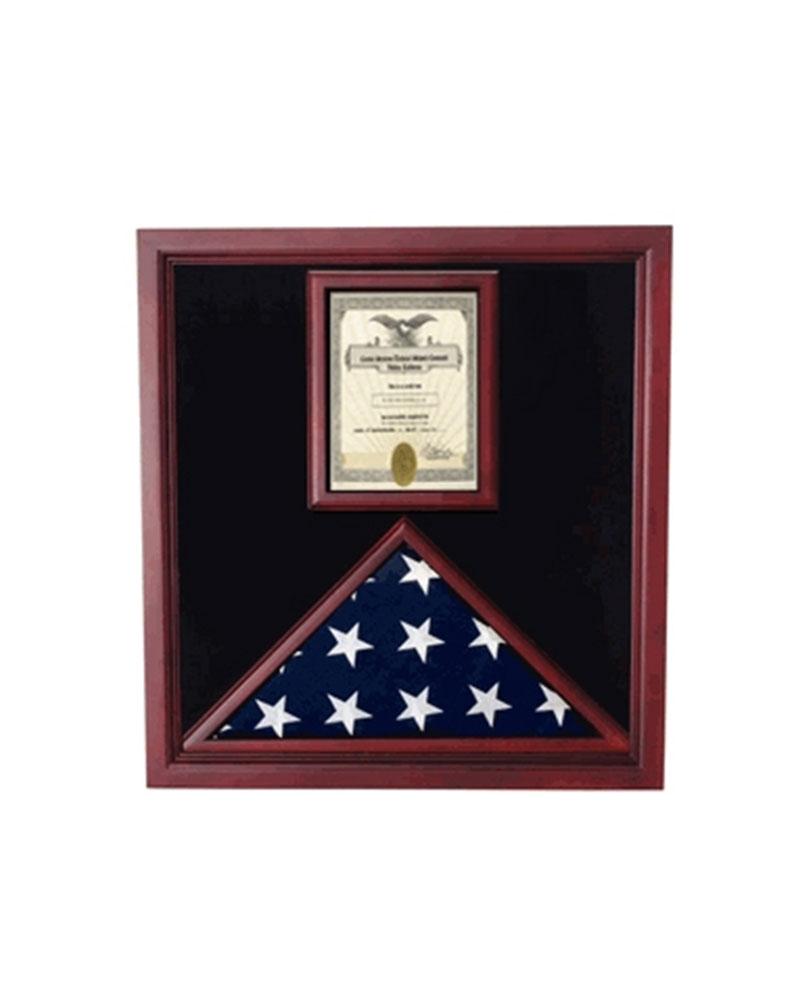 Cherry Flag and Document Case displaying a 3' x 5' flag and an 8.5" x 11" document with a plexiglass front.