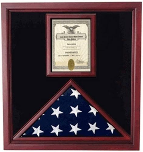 Cherry wood flag and document case with plexiglass front, displaying a 3' x 5' flag and an 8.5" x 11" document, ideal for medals.