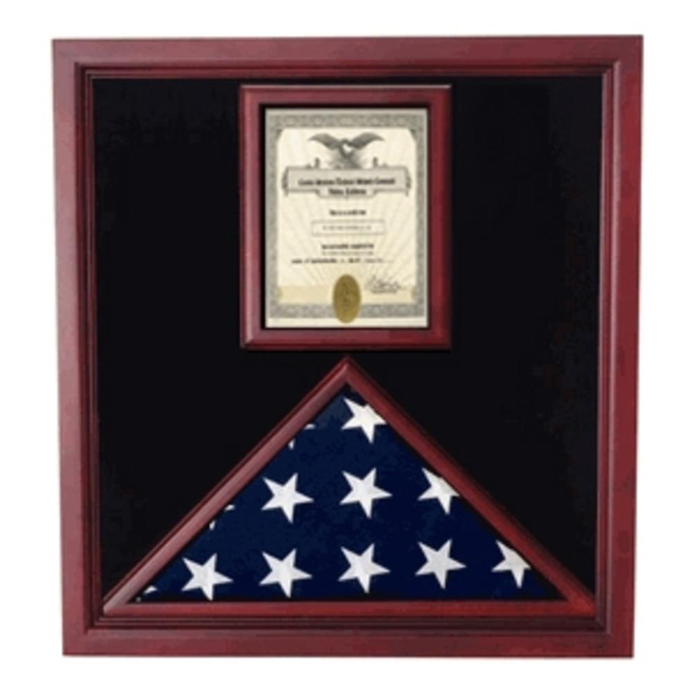 Cherry Flag and Document Case displaying a 3' x 5' flag and an 8.5' x 11' document, featuring a plexiglass front and black lining.