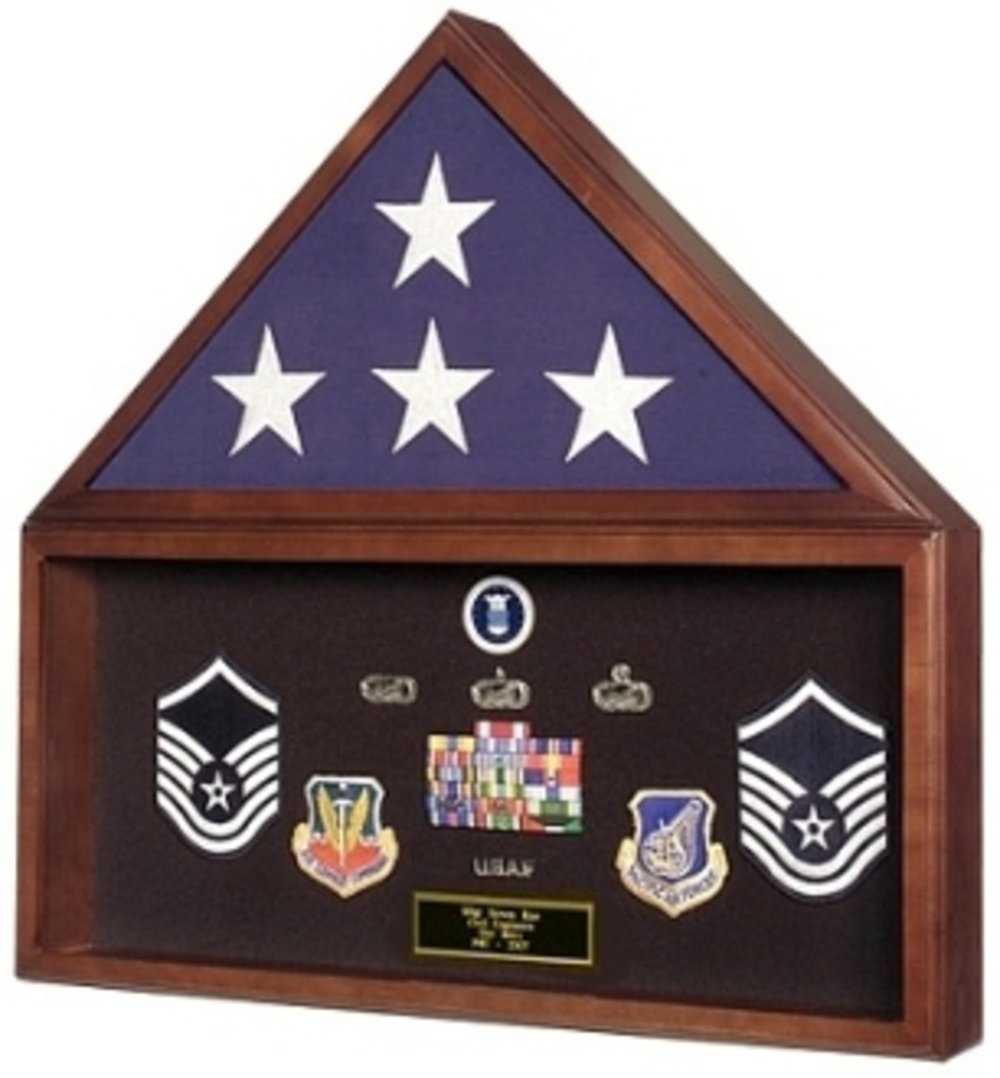 Elegant Flag and Document Display Case showcasing a 5ft x 9ft flag and medals, crafted from solid walnut with a glass front.