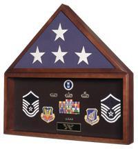 Cherry wood flag and document display case with glass front, holding a 3' x 5' flag and an 8.5' x 11' document, elegantly designed for memorabilia.