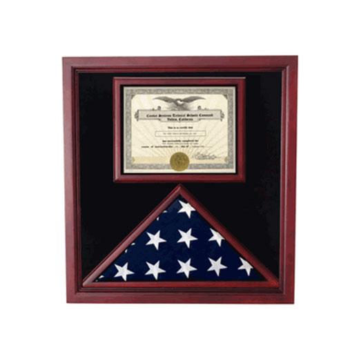 Elegant black flag and document display case with glass front, showcasing a 3" x 5" flag and an 8.5" x 11" document, perfect for medals.