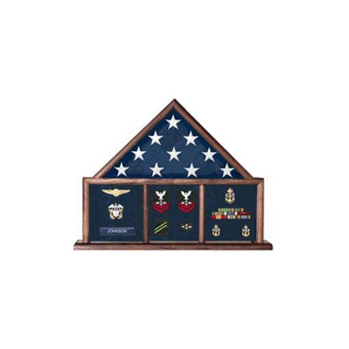 Military Flag and Medal Display Case showcasing a 3'x5' flag and medals in a shadow box design, available in Red Oak and Walnut finishes.