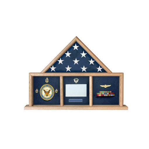 Military Flag and Medal Display Case showcasing a 3'x5' flag and medals in a shadow box design, available in Red Oak and Walnut finishes.