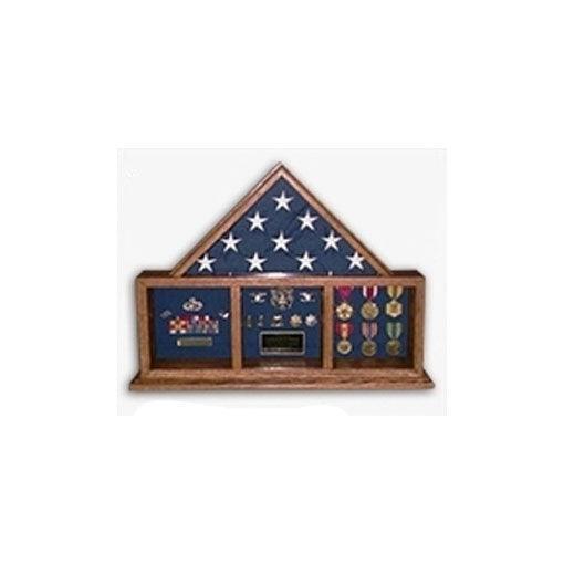 Military Flag and Medal Display Case showcasing a 3'x5' flag and medals in a shadow box design, available in Red Oak and Walnut finishes.