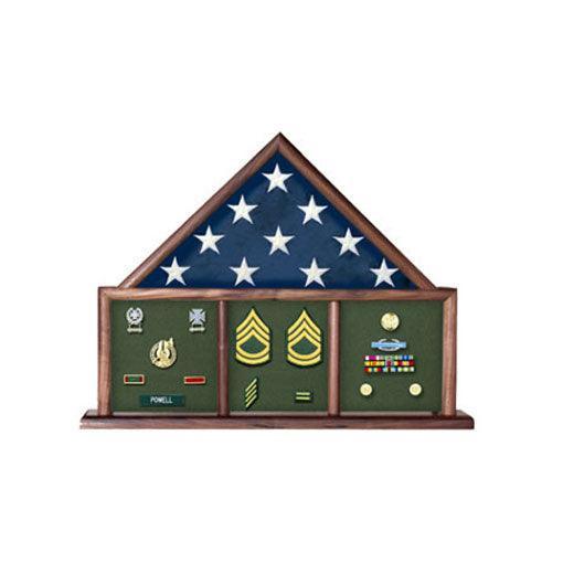 Military Flag and Medal Display Case showcasing a 3'x5' flag and medals in a shadow box design, available in Red Oak and Walnut finishes.