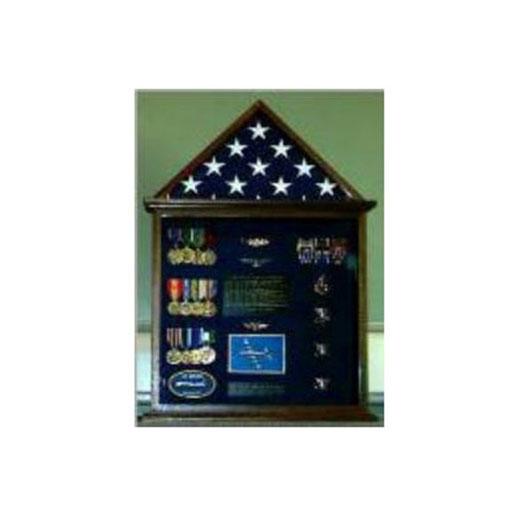 Black Flag and Medal Display Case showcasing a military flag and medals, elegantly designed with a wooden frame and colorful background.