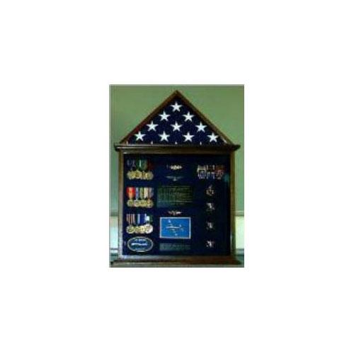 Oak Flag and Medal Display Case showcasing a military flag and medals with a red background.