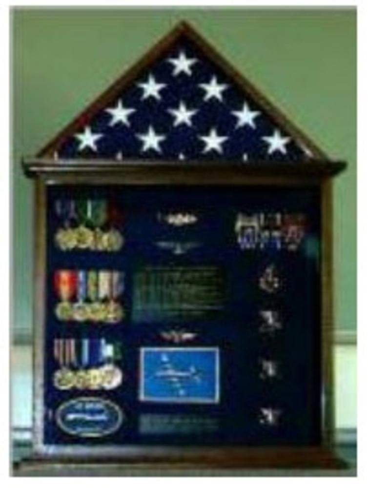 A beautifully crafted Flag and Medal Display case made from real wood, showcasing a military flag with a customizable background.