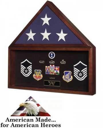 Heirloom Walnut Flag and Memorabilia Display Case showcasing a flag and various memorabilia items, featuring a triangular design and acrylic front.