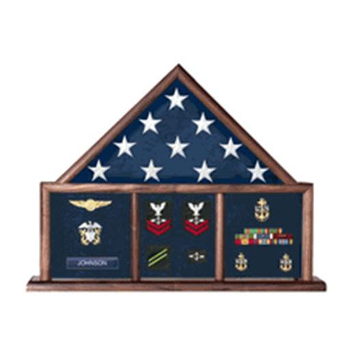 A beautifully crafted Flag Shadow Box made of Red Oak or stained Walnut, displaying a 5x9.5 funeral flag with compartments for medals.