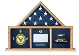 A beautifully crafted military flag shadow box displaying a 3'x5' flag and medals, made from Red Oak with a customizable background.