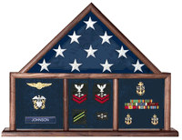 A beautifully crafted military flag shadow box displaying a 3'x5' flag and medals, made from Red Oak with a customizable background.