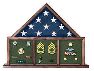 A beautifully crafted military flag shadow box displaying a 3'x5' flag and medals, made from Red Oak with a customizable background.