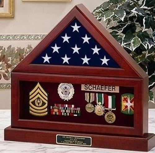 A 5' Flag and Pedestal Display Case showcasing a folded flag, featuring a shadow box design with various color options.