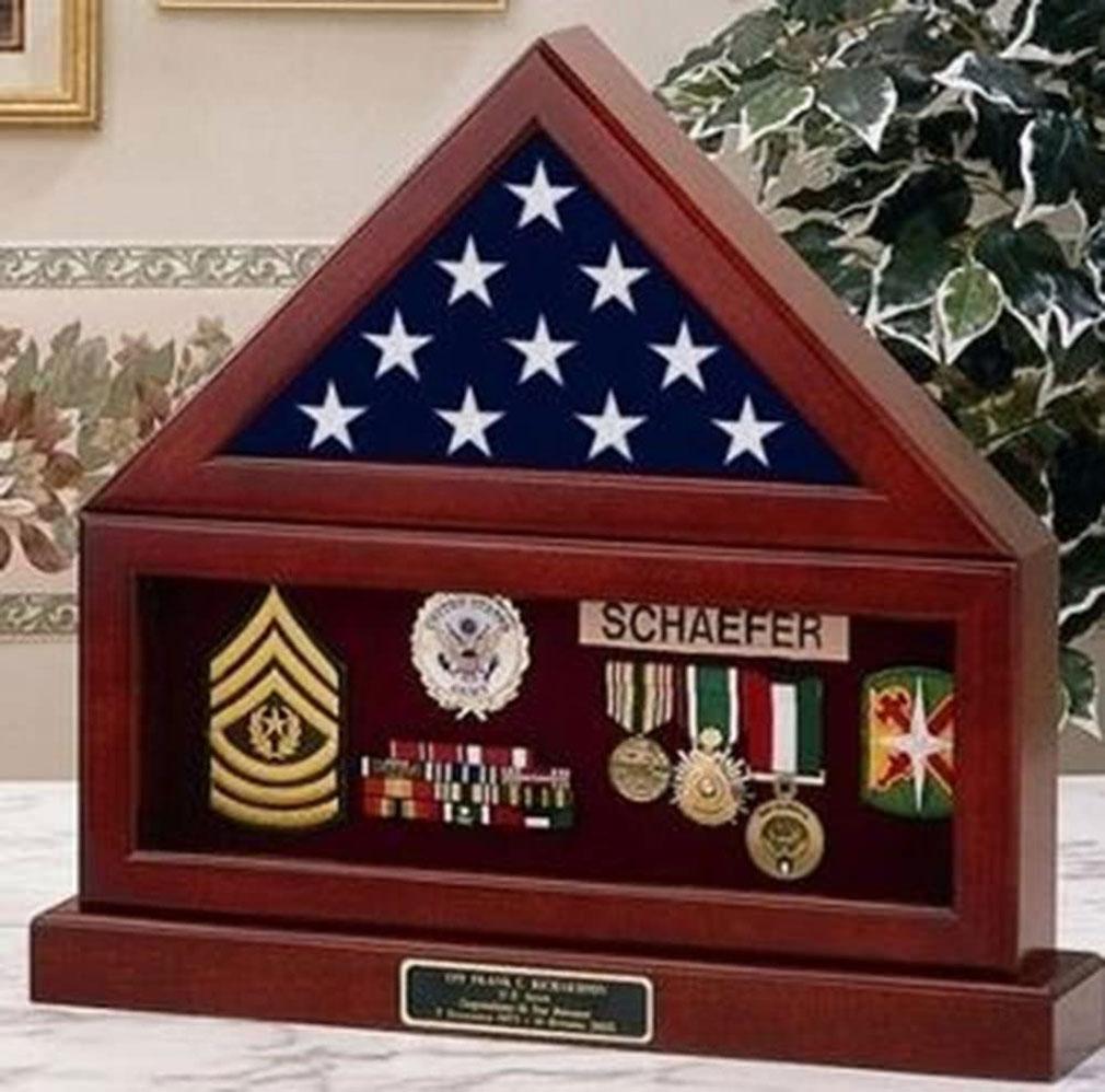 American Made Walnut Flag and Pedestal Display Case with beveled glass and gold Great Seal, designed for military memorials.