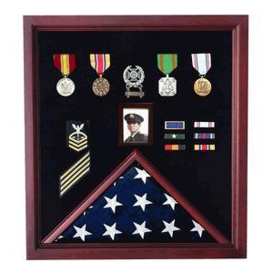 Cherry wood flag and photo display case showcasing a military flag and a 4x6 photo, elegantly designed with a shadow box for medals.