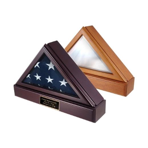 Elegant oak flag display case with pedestal, designed for 5ft x 9ft flags, featuring engraved brass plate.