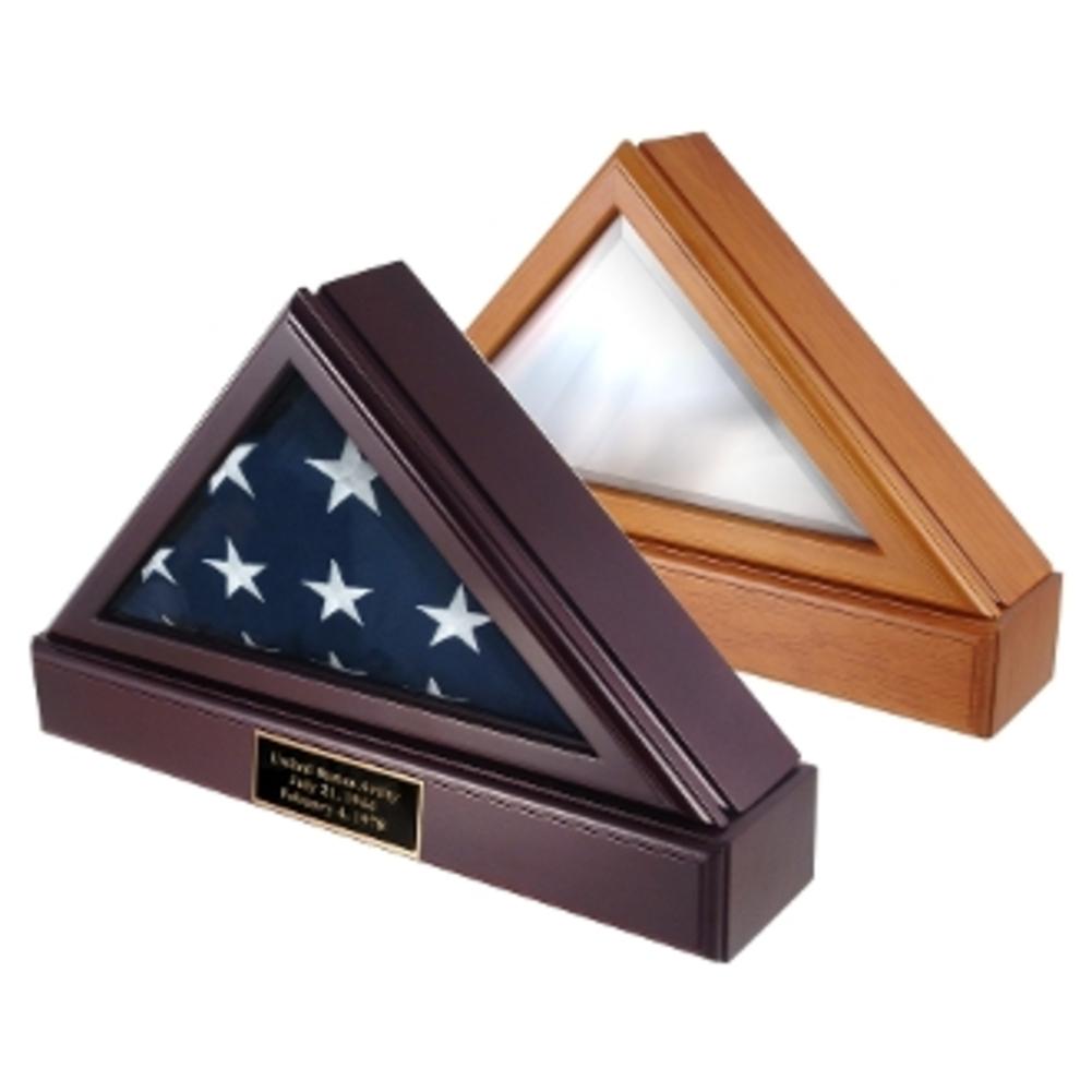 Elegant Flag Box with beveled glass front, cherry finish, and matching pedestal, designed to hold a 5ft x 9ft flag.