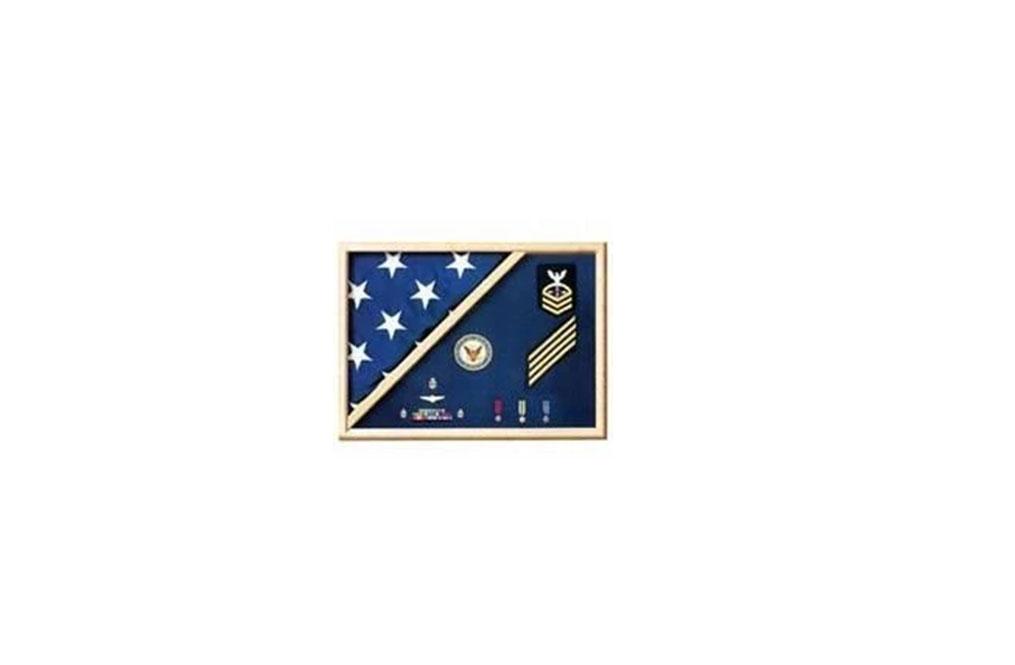 Handcrafted oak flag display box with triangular flag case for 3 ft. x 5 ft. flag, showcasing medals and insignia.