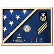 Handcrafted solid wood Flag Box displaying a 3 ft. x 5 ft flag and medals, featuring a high-gloss varnish finish and acrylic face.