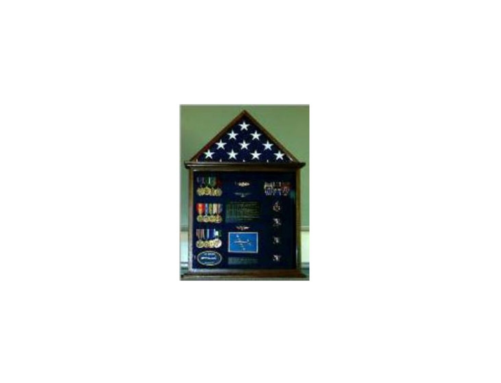 Elegant walnut flag case displaying a 4' x 6' military flag with a vibrant background.