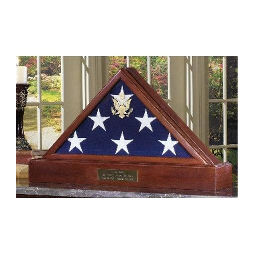 Solid walnut flag case pedestal for 5 x 9.5 burial flag, featuring beveled glass and gold Great Seal of the U.S.