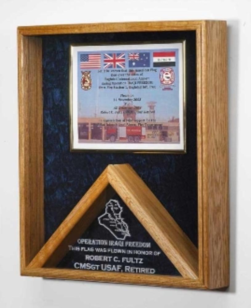 Elegant military flag and medal display case in walnut finish, showcasing a folded flag and medals.