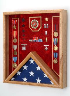 Elegant military flag and medal display case in walnut finish, showcasing a folded flag and medals.