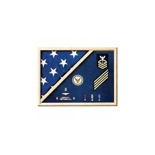 Handcrafted solid wood flag case with acrylic face, displaying a 3 ft. x 5 ft flag and military insignia.