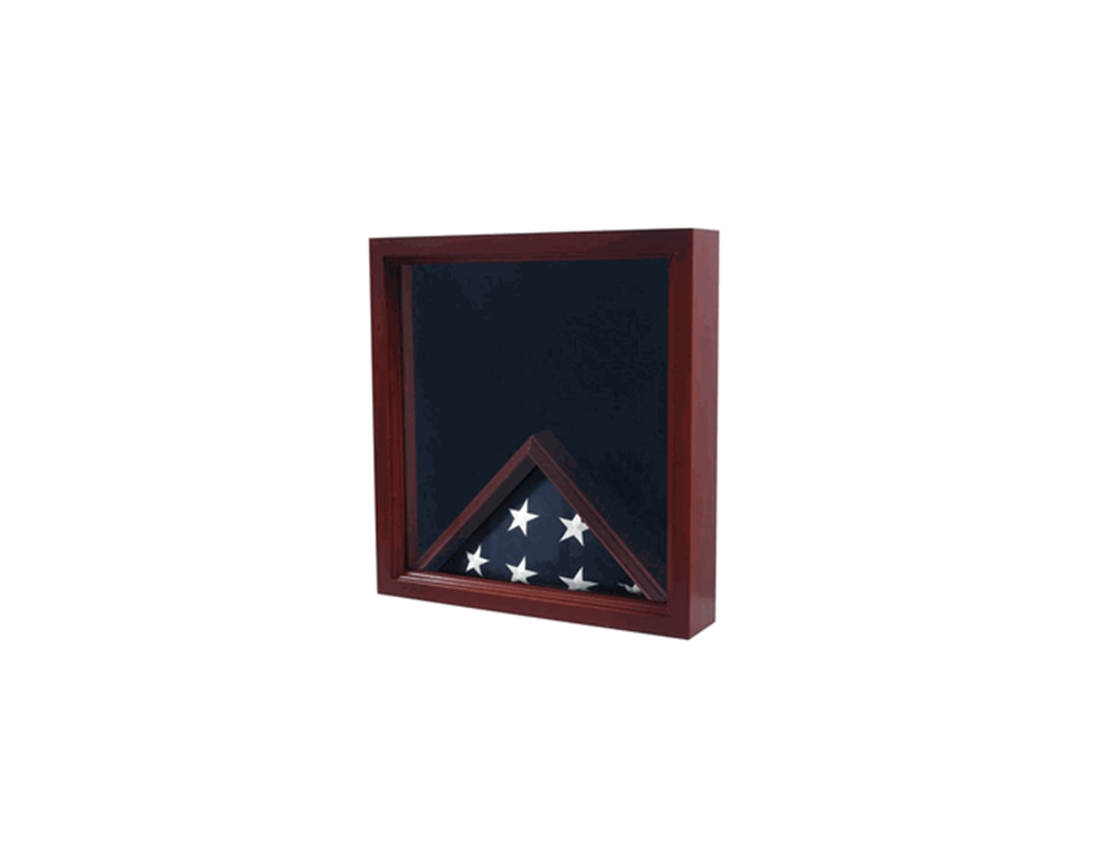 Flag Combination Medal Award Display Case showcasing a folded 4' x 6' flag and medals, featuring a rich black felt lining.