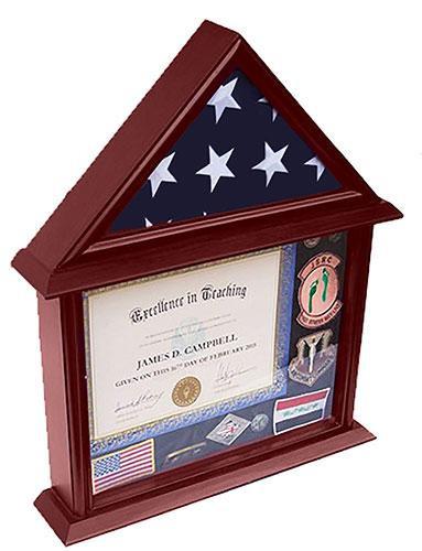 Flag Connection 3'x5' Flag Display Case showcasing a service flag and memorabilia with a mango finish and clear glass front.