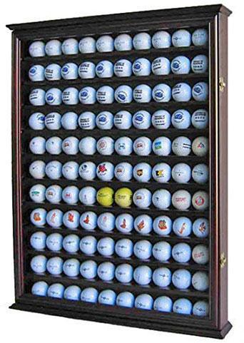 Flag Connections 110 Golf Ball Display Case featuring dark green felt background, secure dimples, and UV protection acrylic door.