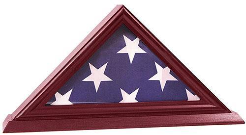 3'x5' Flag Display Case in cherry wood finish with glass front, showcasing a folded flag.