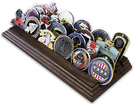 Flag Connections 4 Row Challenge Coin Holder made of solid walnut wood, elegantly displaying military challenge coins.