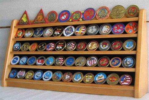 Flag Connections 5 Rows Challenge Coin Holder Display Stand made of solid wood, showcasing multiple coins in an elegant arrangement.