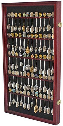 Flag Connections 60 Spoon Rack Display Case Holder Wall Cabinet with glass door and black matted background, showcasing a collection of spoons.