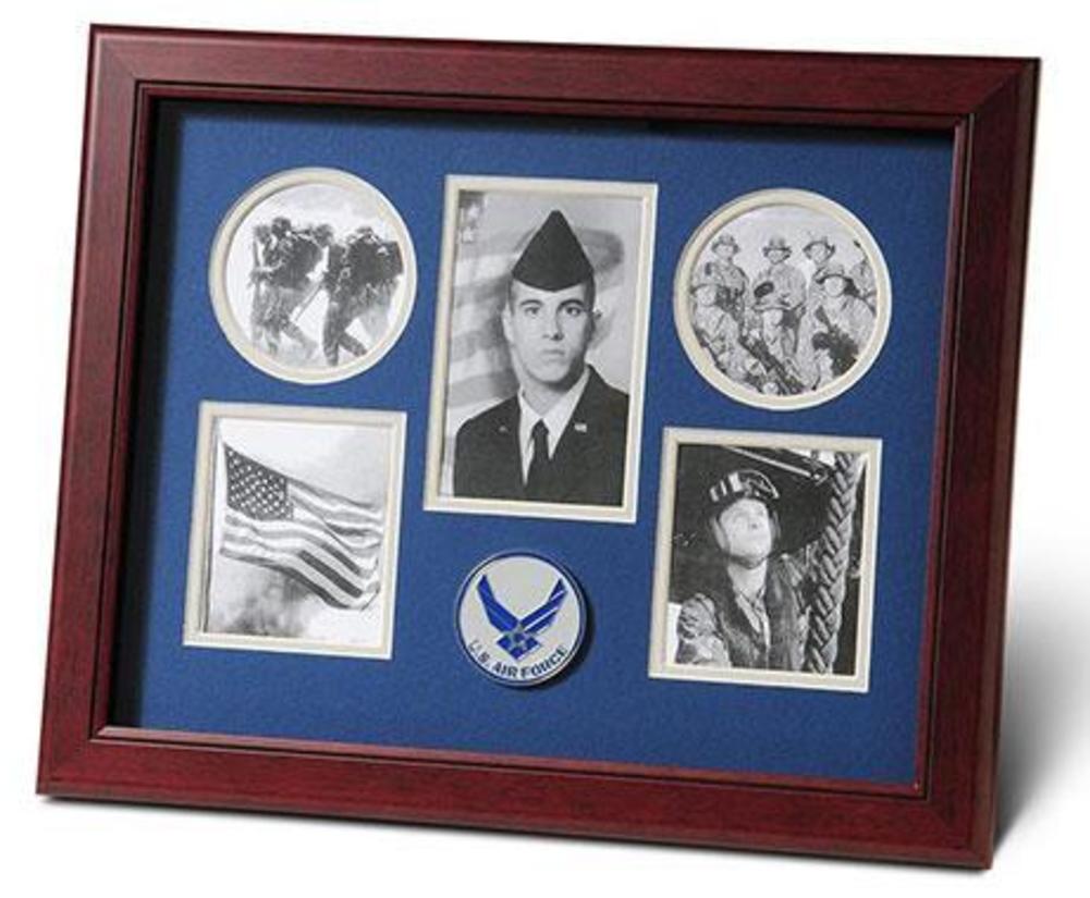 Aim High Air Force Medallion 5 Picture Collage Frame with blue matting and mahogany wood finish, holding five photos.