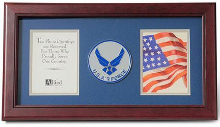 Aim High Air Force Medallion Double Picture Frame displaying two 4x6 photos with blue matting and grey trim.