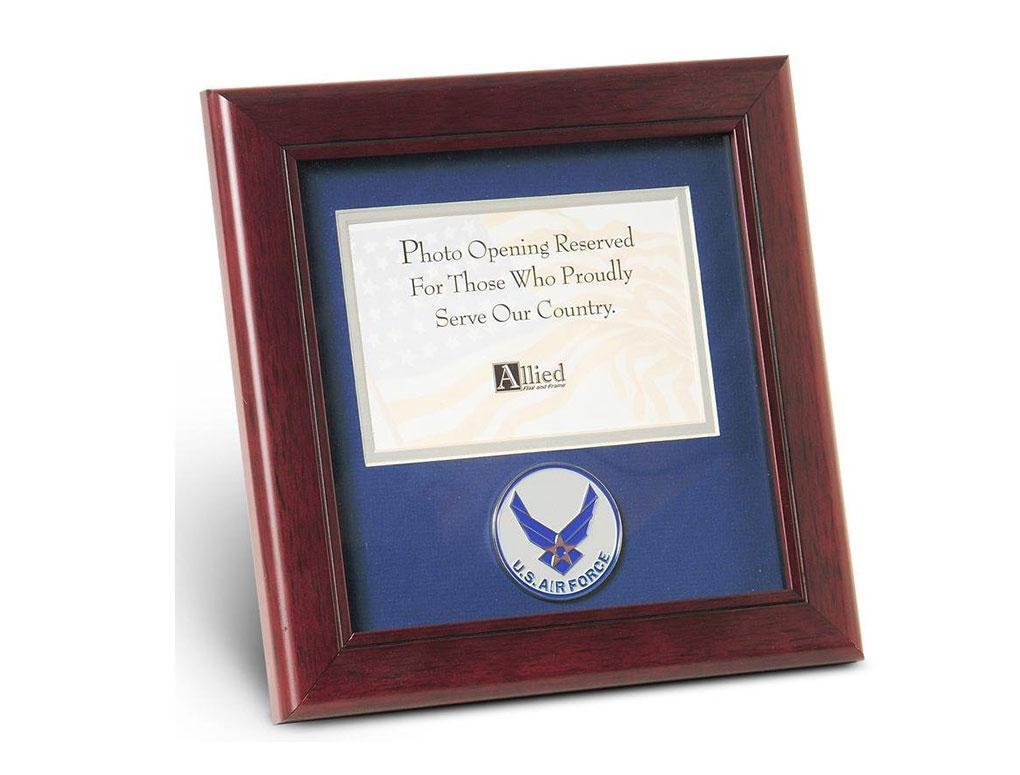 Aim High Air Force Medallion Landscape Picture Frame with blue matting and grey trim, holding a 4x6 inch photo.