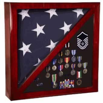 Cherry wood flag and medal display case with clear front and black velvet lining, showcasing a flag and medals elegantly.